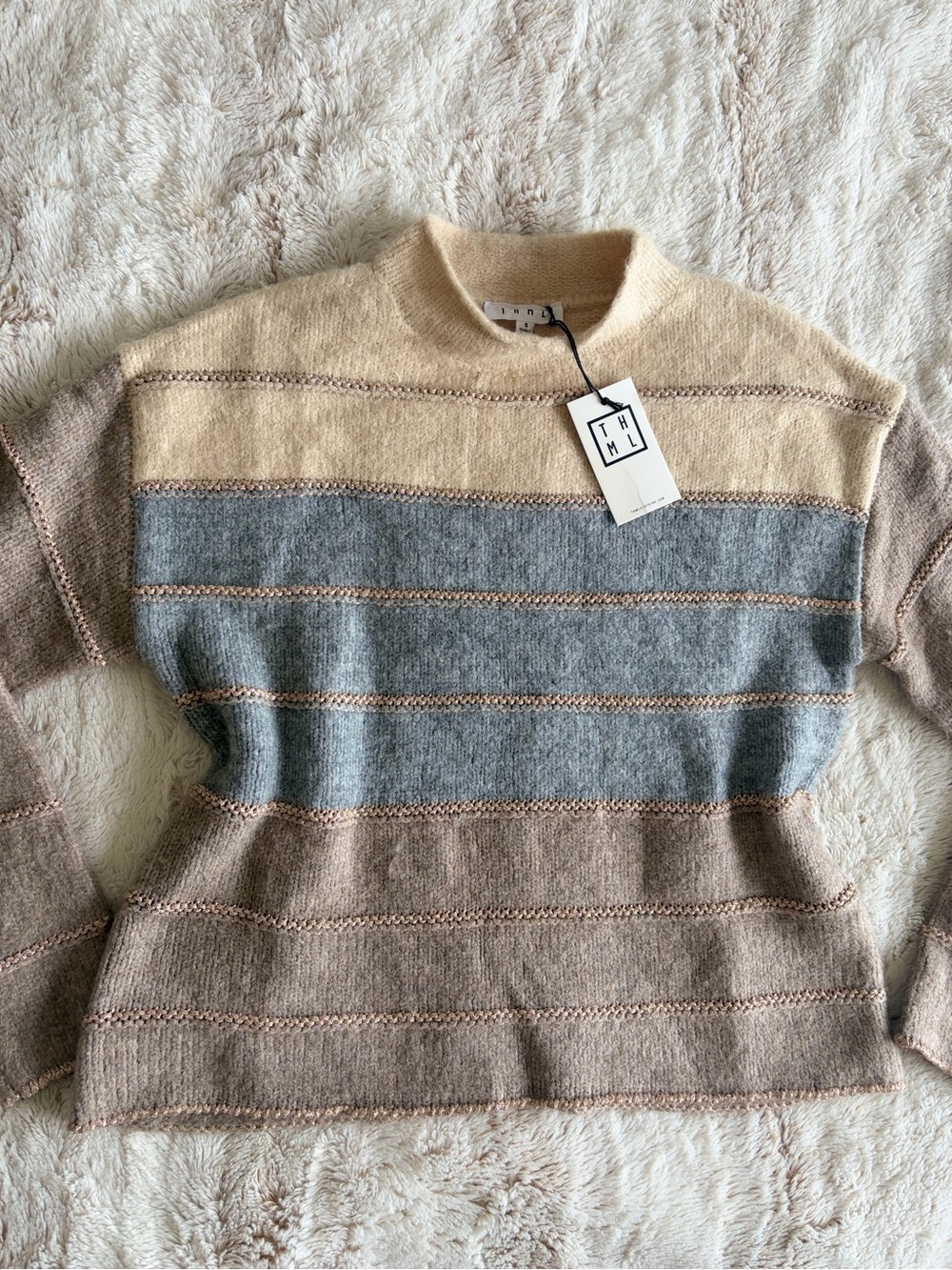🆕NWT Cottagecore THML Metallic Stripe Mock Roll Neck Sweater Neutral Coastal